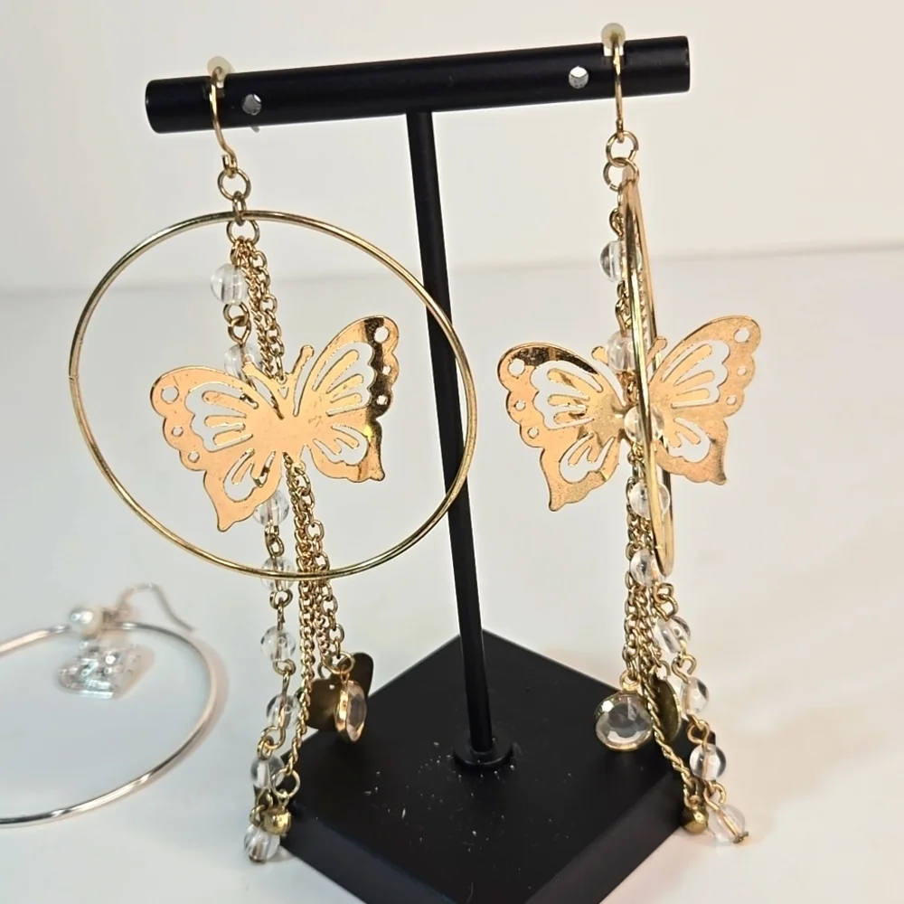 3 Sets Boho Lge Hoop Earrings Elegant Gold Silver MOP Hearts Butterfly Crystals